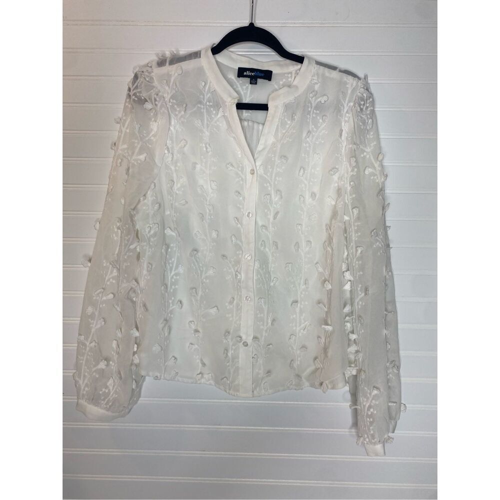 Alice Blue White Banded Sleeve Embroidered Button Down Blouse Women’s Size XL